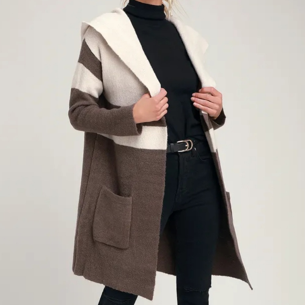 Lulus Carlsbad Grey and Taupe hooded cardigan M/L